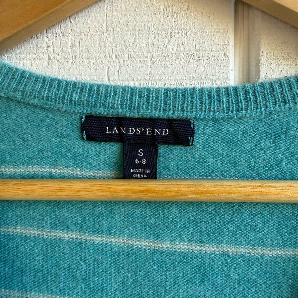 Lands' End Teal and White Wool Blend Striped V Neck Cardigan - Picture 5 of 6